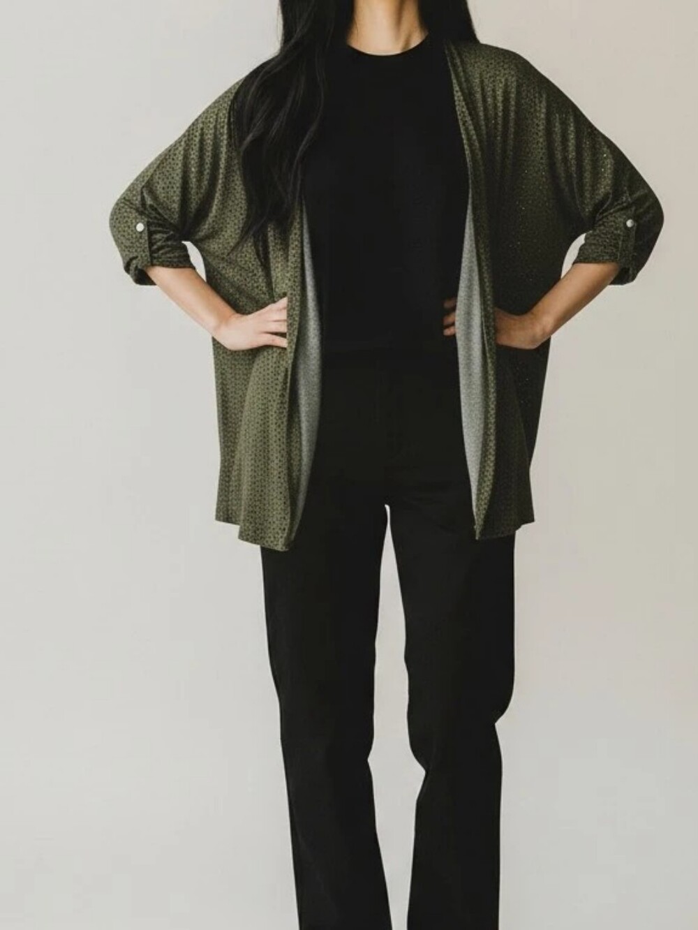 Kim Rogers Olive Open-Front Dolman Sleeve Cardigan